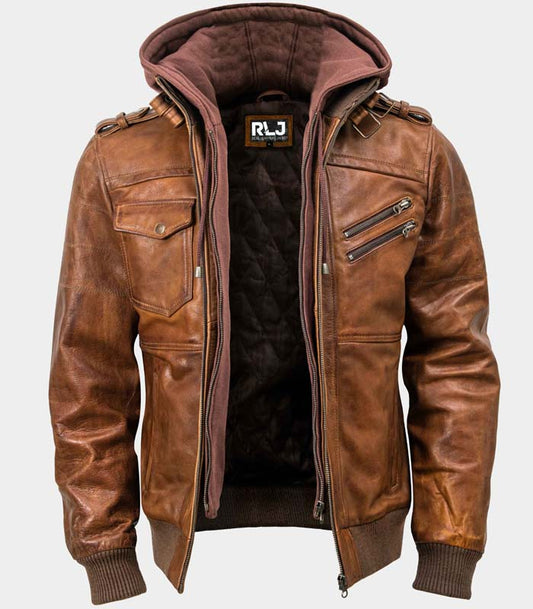 Brown Leather Motorcycle Jacket with Removable Hooded