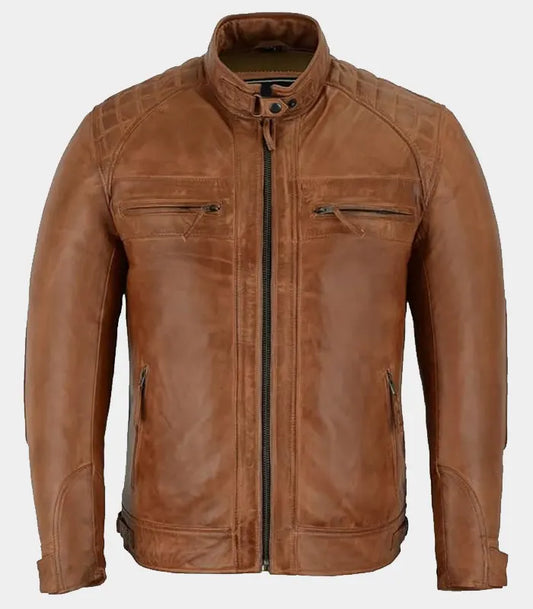 Men’s Cafe Racer Waxed Lambskin Austin Brown Jacket