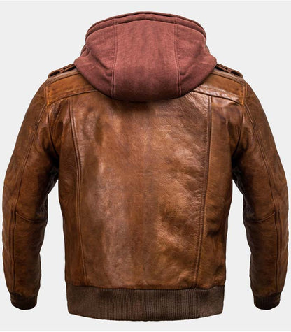 Brown Leather Motorcycle Jacket with Removable Hooded