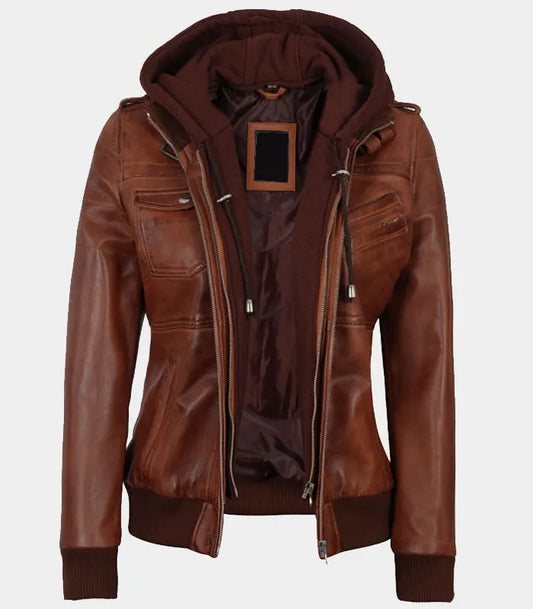 Edinburgh Women’s Bomber Cognac Leather Jacket with hood