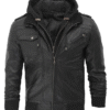 Men's Black Faux Leather Bomber Jacket with Hood