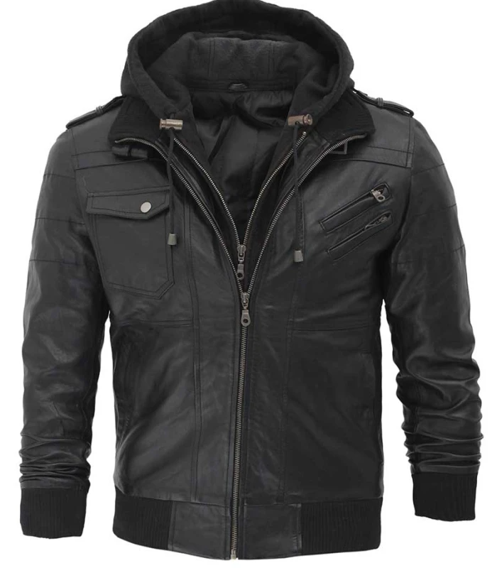 Men's Black Faux Leather Bomber Jacket with Hood