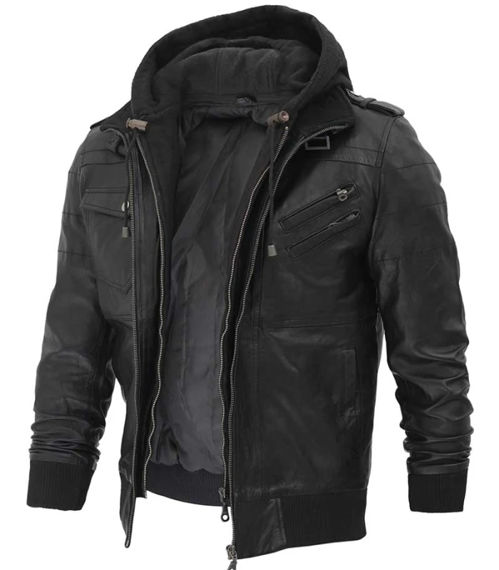 Men's Black Faux Leather Bomber Jacket with Hood