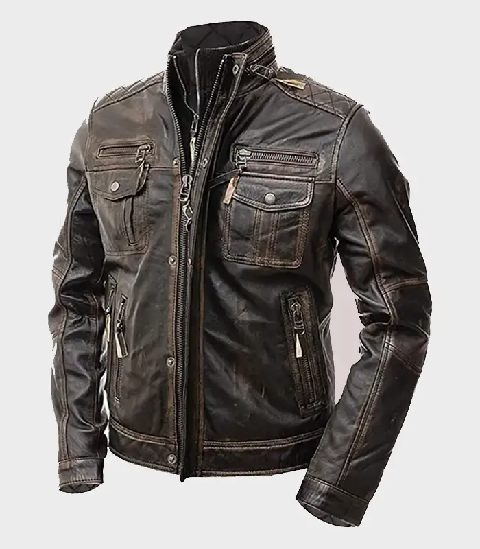 Men's Vintage Black Distressed Leather Biker Jacket