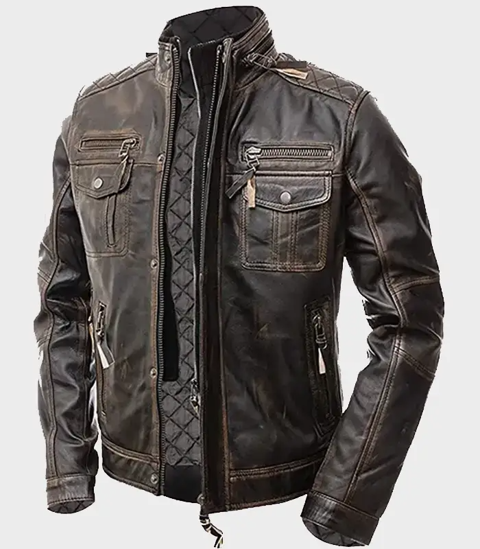Men's Vintage Black Distressed Leather Biker Jacket