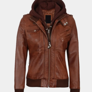 Women's Brown Leather Jacket with Removable Hood