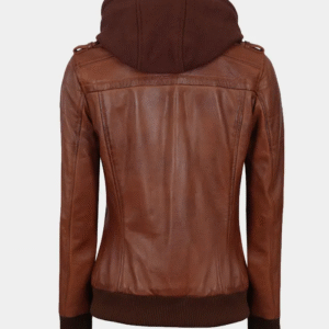 Women's Brown Leather Jacket with Removable Hood