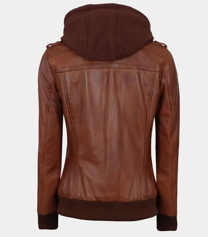 Women's Brown Leather Jacket with Removable Hood