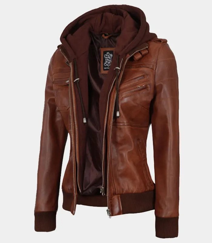 Women's Brown Leather Jacket with Removable Hood