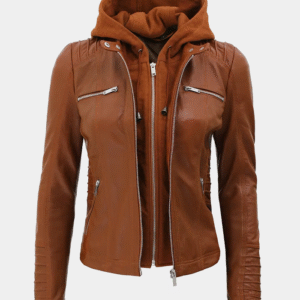 Women's Tan Faux Leather Biker Jacket with Removable Hoodie