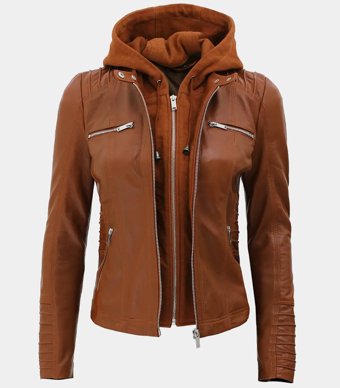 Women's Tan Faux Leather Biker Jacket with Removable Hoodie