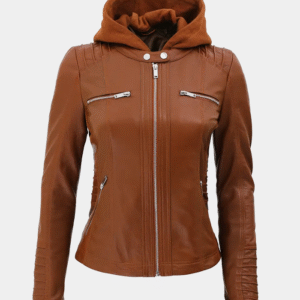 Women's Tan Faux Leather Biker Jacket with Removable Hoodie