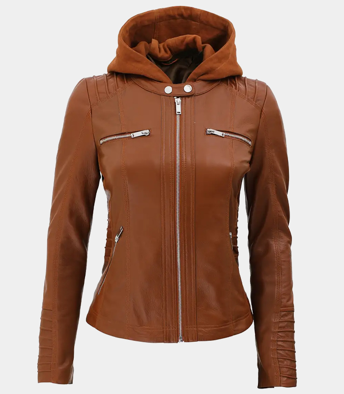 Women's Tan Faux Leather Biker Jacket with Removable Hoodie