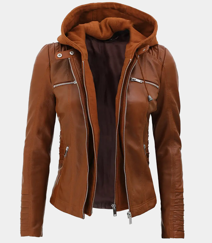 Women's Tan Faux Leather Biker Jacket with Removable Hoodie