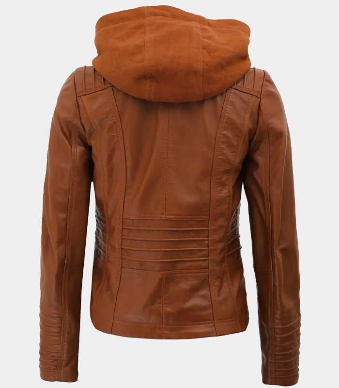 Women's Tan Faux Leather Biker Jacket with Removable Hoodie
