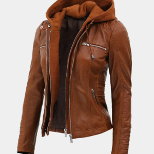 Women's Tan Faux Leather Biker Jacket with Removable Hoodie