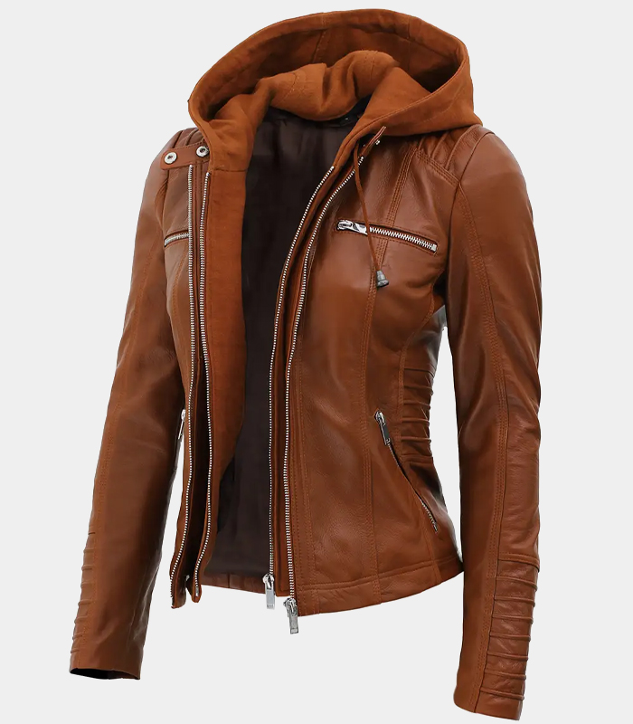 Women's Tan Faux Leather Biker Jacket with Removable Hoodie